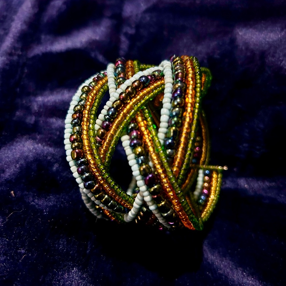 Quad Strand Braided Glass Beaded Wrist Cuff